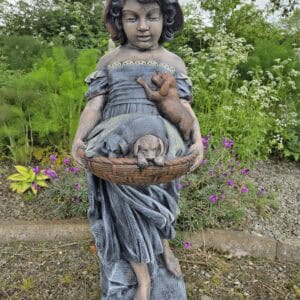 Lady Holding Basket of Puppies